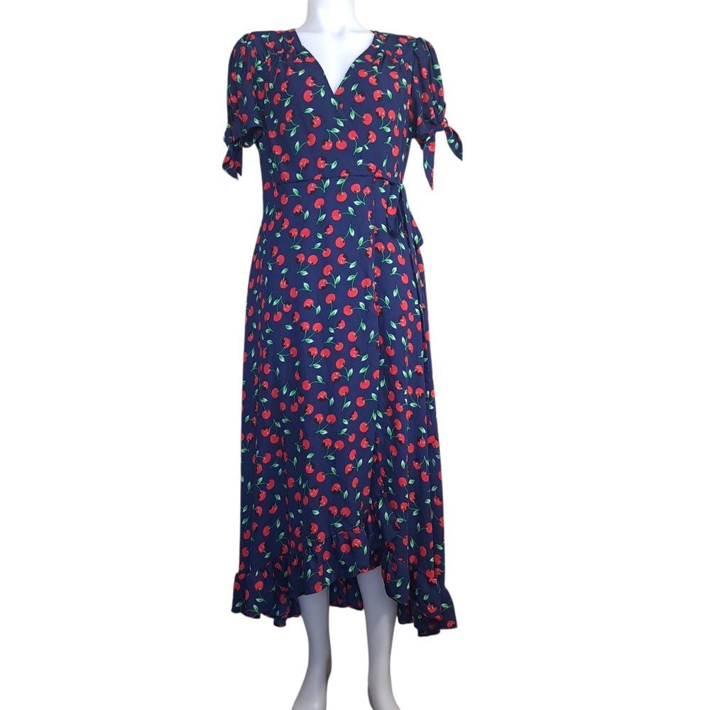 Miami‎ Women's Maxi Wrap Dress V-Neck Blue/Red Cherry Size L Summer Dress Lining